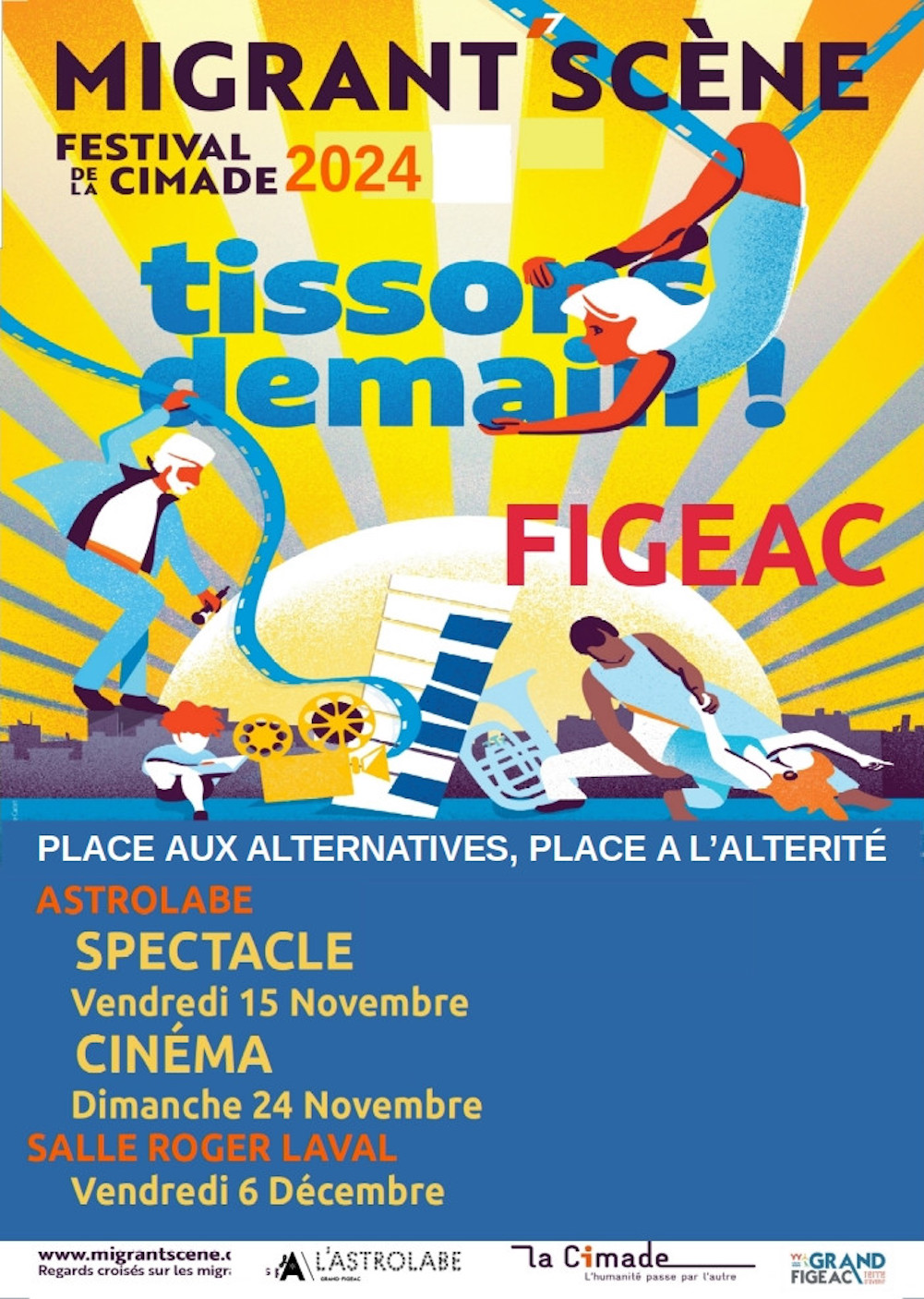 Affiche colorée annonçant les dates et lieux de l'édition 2024 du festival Migrant'scène. On y voit acrobates, musiciens, danseurs et autres personnages. 