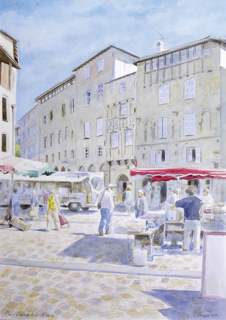 Illustration à l'aquarelle d'un marché avec des étals et des parasols